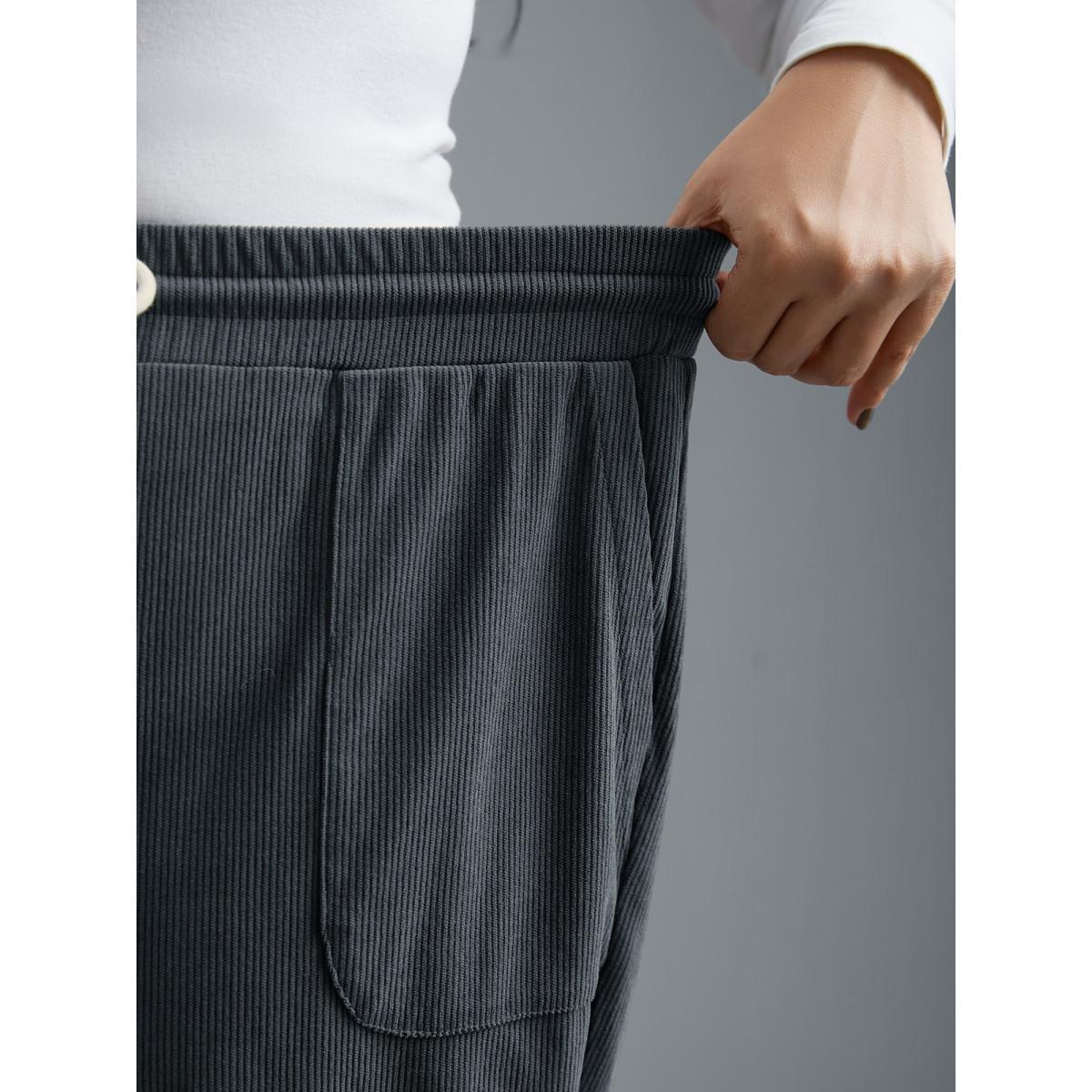Plus Size Plain Drawstring Slant Pocket Roll Hem Pants Women SlateGray Casual Loose Mid Rise Everyday Pants BloomChic 12/L Product Image