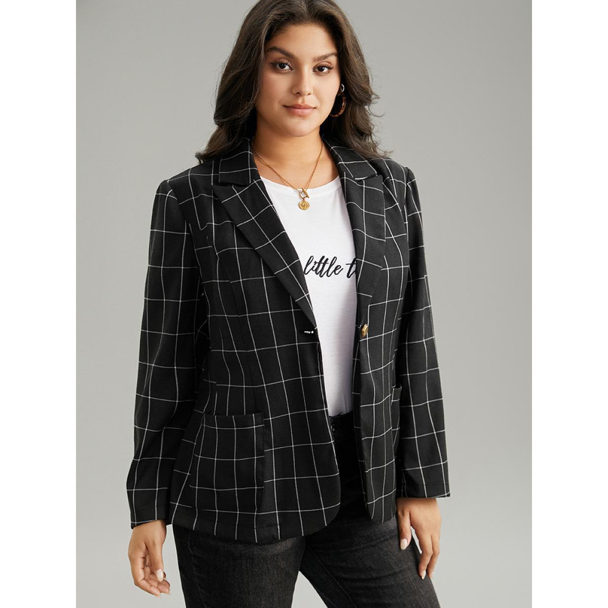 Plus Size Plaid Suit Collar Metal Detail Pocket Blazer Black Women Work Plaid Contrast Sleeve Long Sleeve Suit Collar 12/L Pocket Work From Home Blazers BloomChic Product Image