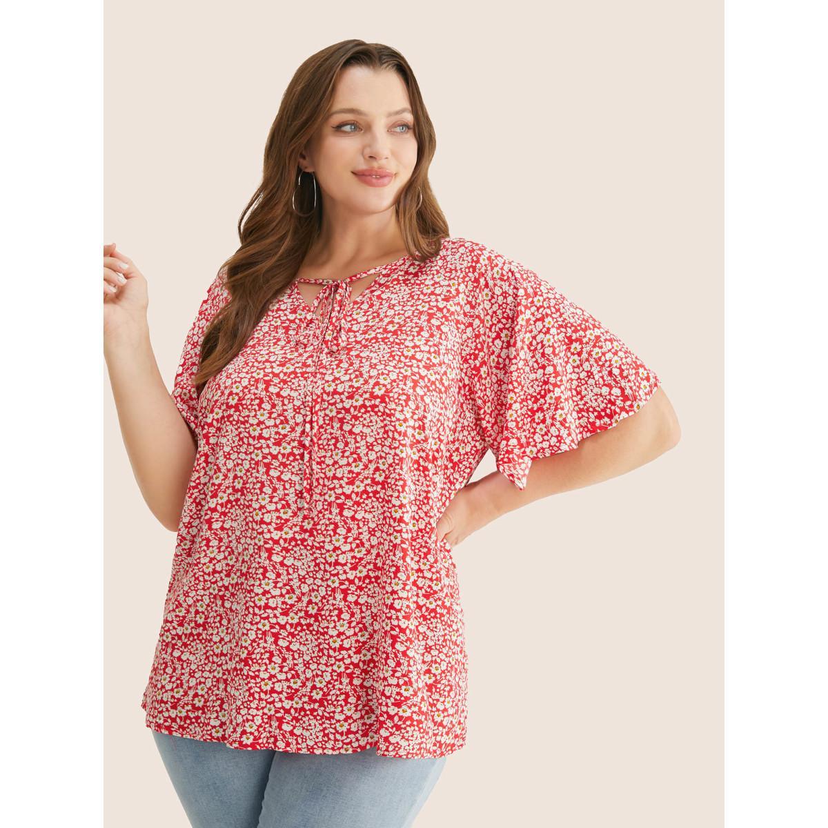 Plus Size Crimson Ditsy Floral Ruffle Sleeve Tie Neck Blouse Women Elegant Short sleeve V-neck Everyday Blouses BloomChic 12/L Product Image