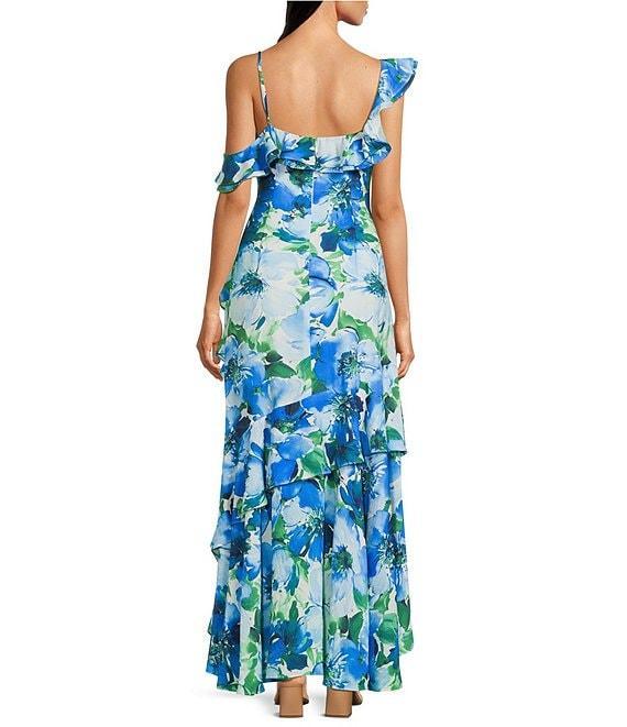 Alex Marie Lacey Ruffle Sleeveless Floral Asymmetric Hem Maxi Dress Product Image
