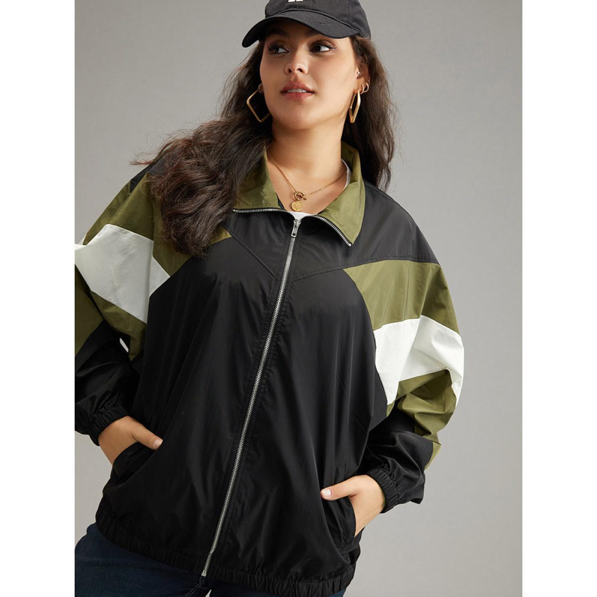 Plus Size Colorblock Patchwork Pocket Zipper Windbreaker Women Multicolor Contrast Pocket Everyday Jackets BloomChic 12/L Product Image
