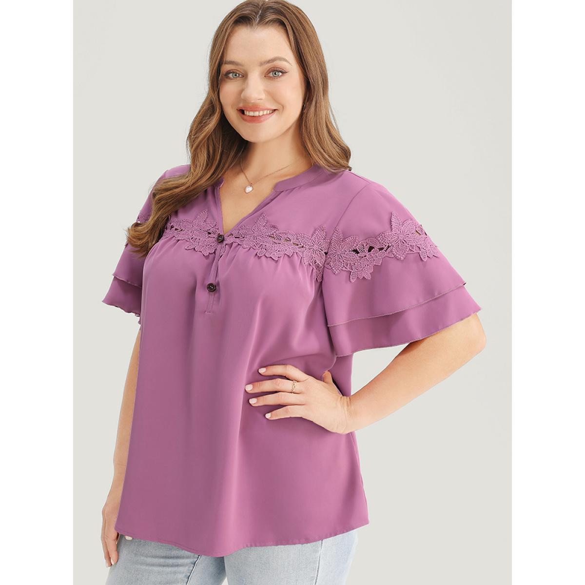 Plus Size Mauve Floral Patchwork Button Detail Ruffle Tiered Sleeve Blouse Women Elegant Short sleeve V-neck Dailywear Blouses BloomChic 28/5X Product Image