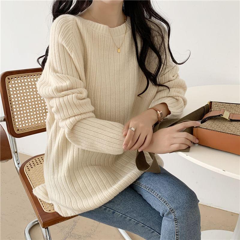Crew Neck Plain Slit Sweater Product Image