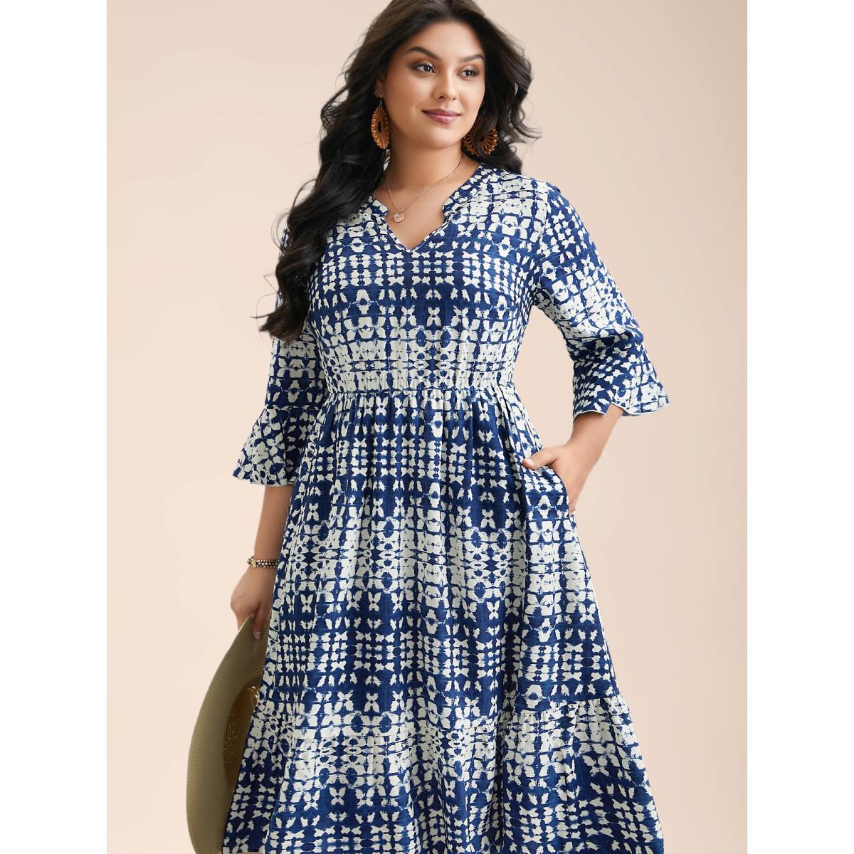 Plus Size Tie-Dye Notched Collar Ruffle Tiered Midi Dress Indigo Women Resort Ruffles Notched collar Elbow-length sleeve Curvy BloomChic 14-16/1X Product Image