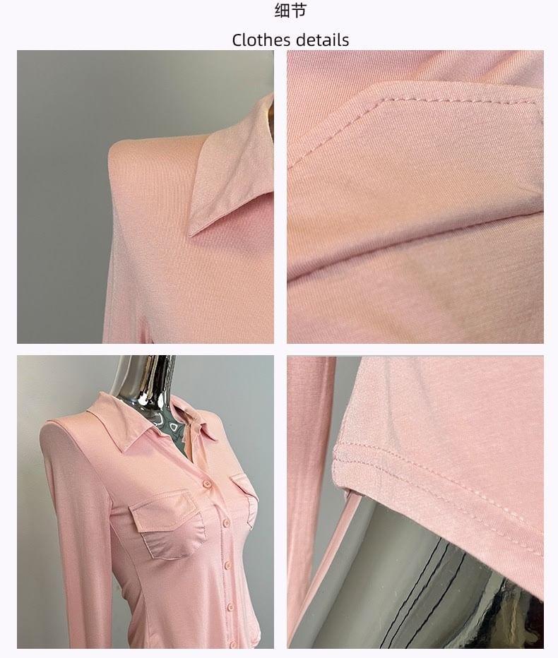 Long-Sleeve Plain Pocket Detail Sheer Slim Fit Shirt Product Image