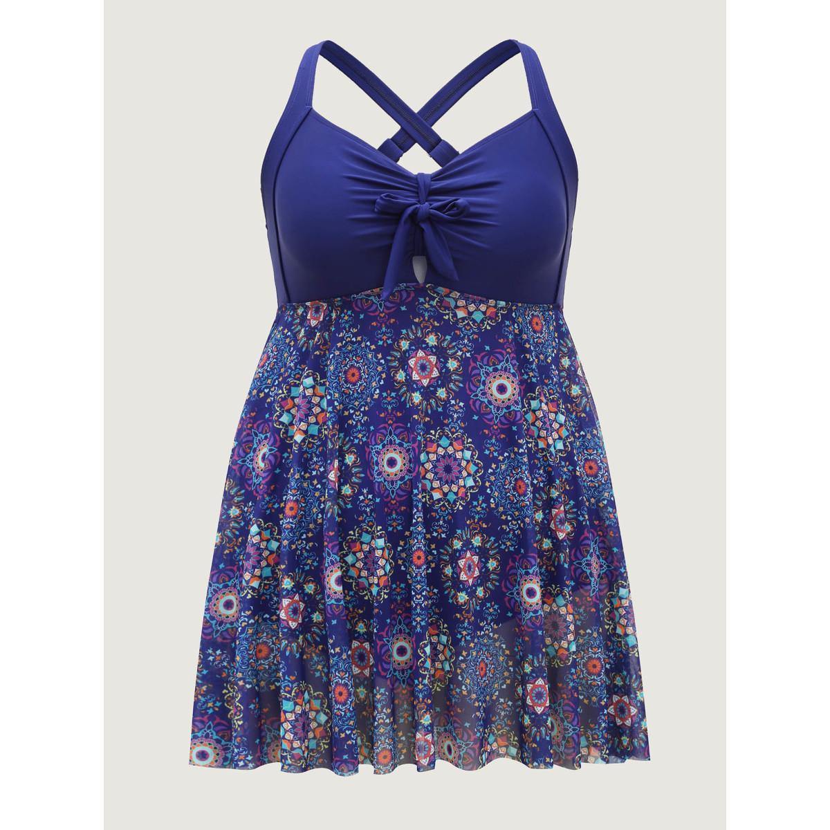 Plus Size Tie-Front Sheer Boho Print Swim Dress Women's Swimwear DarkBlue Beach Bodycon Heart neckline High stretch Curve Swim Dresses BloomChic 22-24/3X Product Image