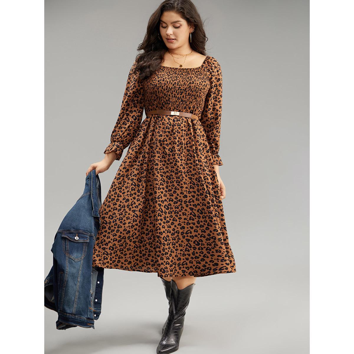 Plus Size Leopard Print Shirred Square Neck Pocket Dress Rust Women Casual Printed Square Neck Long Sleeve Curvy Midi Dress BloomChic 26/4X Product Image