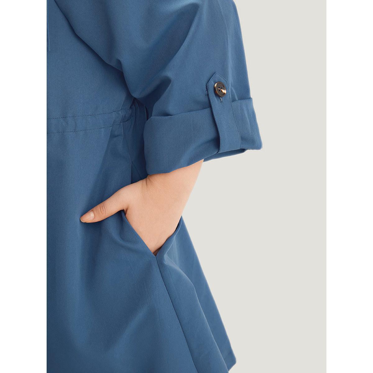 Plus Size Plain Drawstring Pocket Lapel Collar Tab Sleeve Coat Women DarkBlue Work Plain Plain 10/M Pocket Work From Home Trench Coats BloomChic Product Image