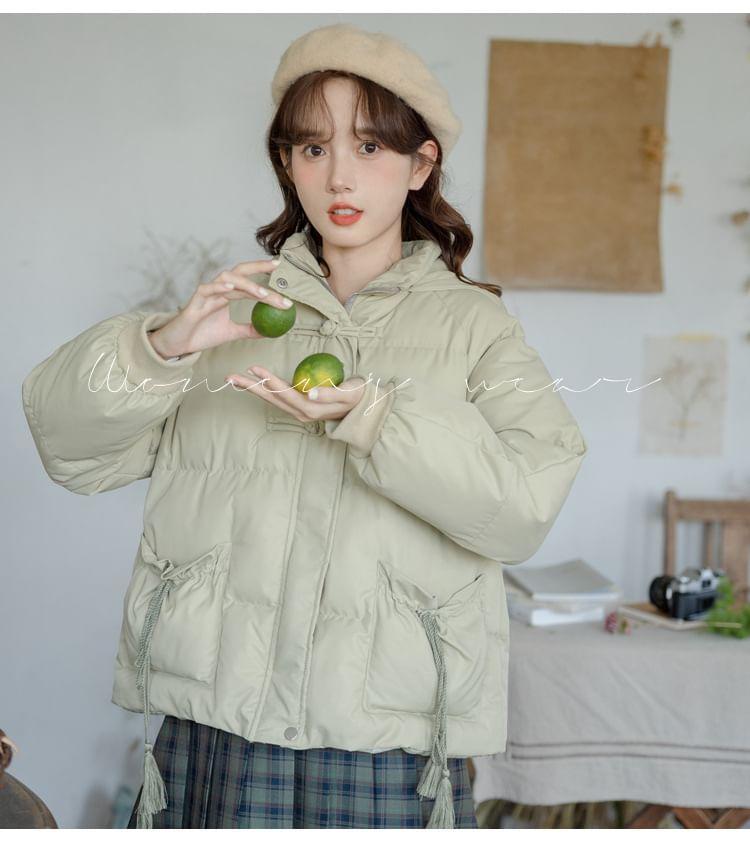 Plain Hooded Frog Buttoned Zip-Up Puffer Jacket Product Image