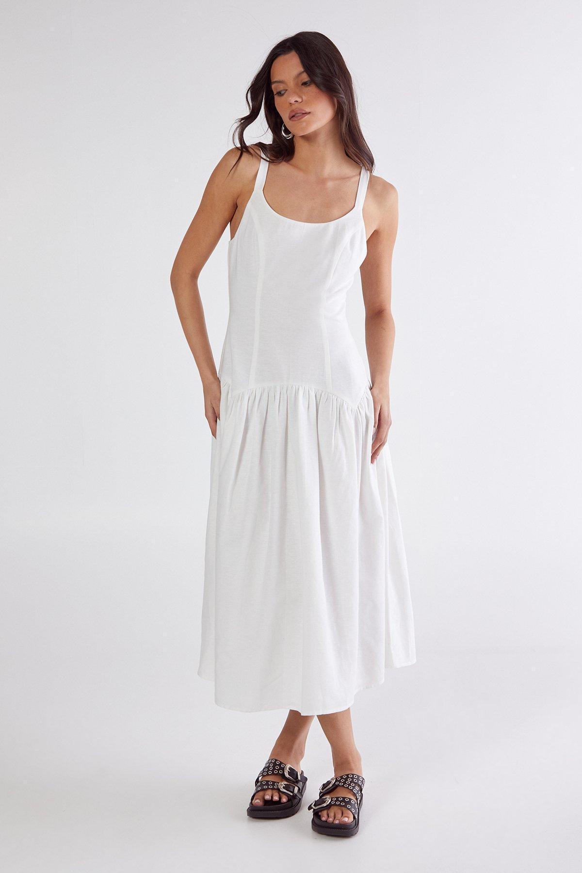 Linen Mix Drop Waist Seamed Midi Dress Product Image
