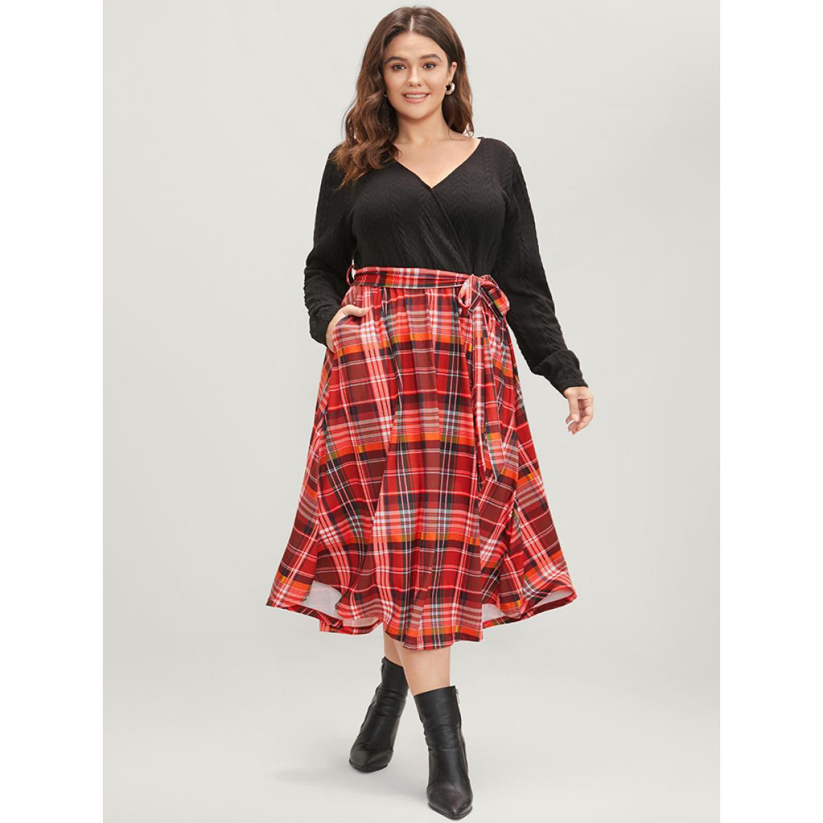 Plus Size Plaid Patchwork Pocket Cable Knit Belted Surplice Neck Dress Black Women Elegant Patchwork V-neck Long Sleeve Curvy Midi Dress BloomChic 12/L Product Image