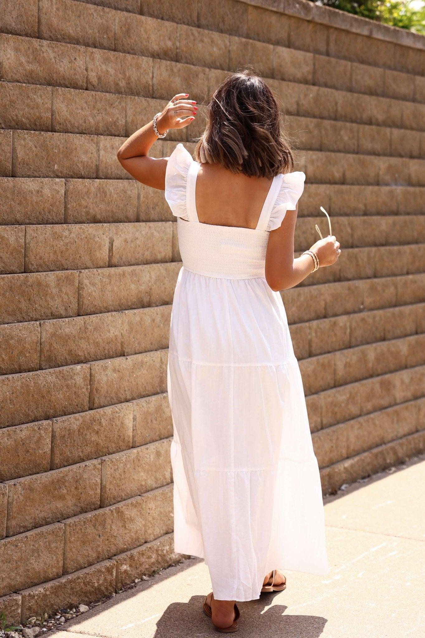 White Ruffle Sleeve Smock Tiered Midi Dress - FINAL SALE Product Image