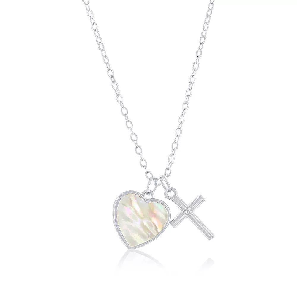 Argento Bella Sterling Silver Mother-Of-Pearl Heart & Cubic Zirconia Cross Pendant Necklace, Women's, Size: 16-18" ADJ Product Image
