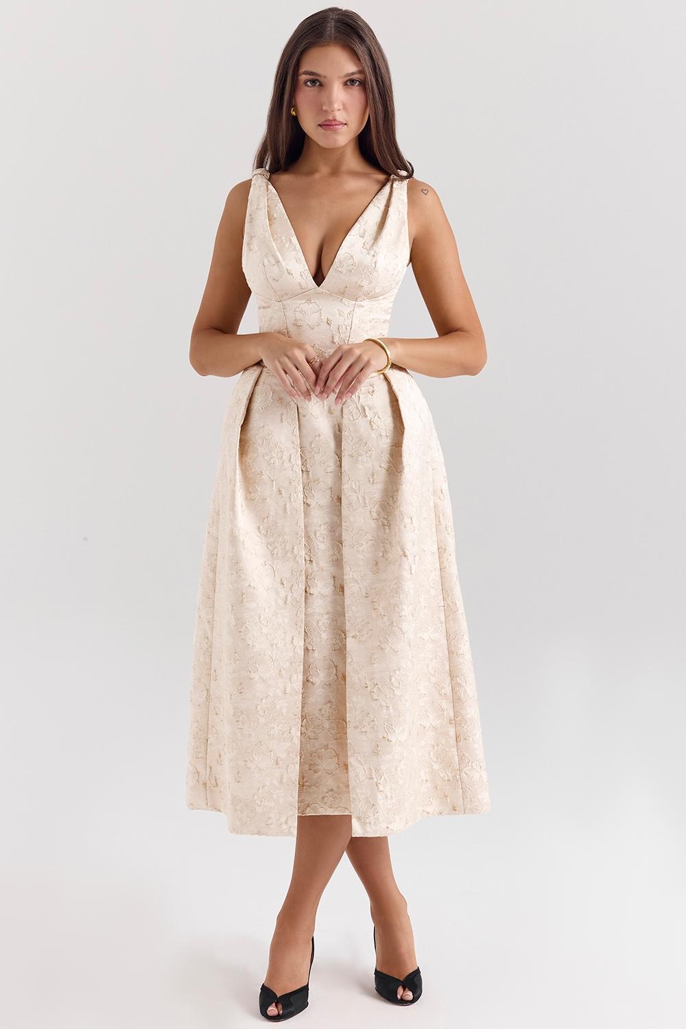 Paloma Ivory Metallic Jacquard Midi Dress Product Image