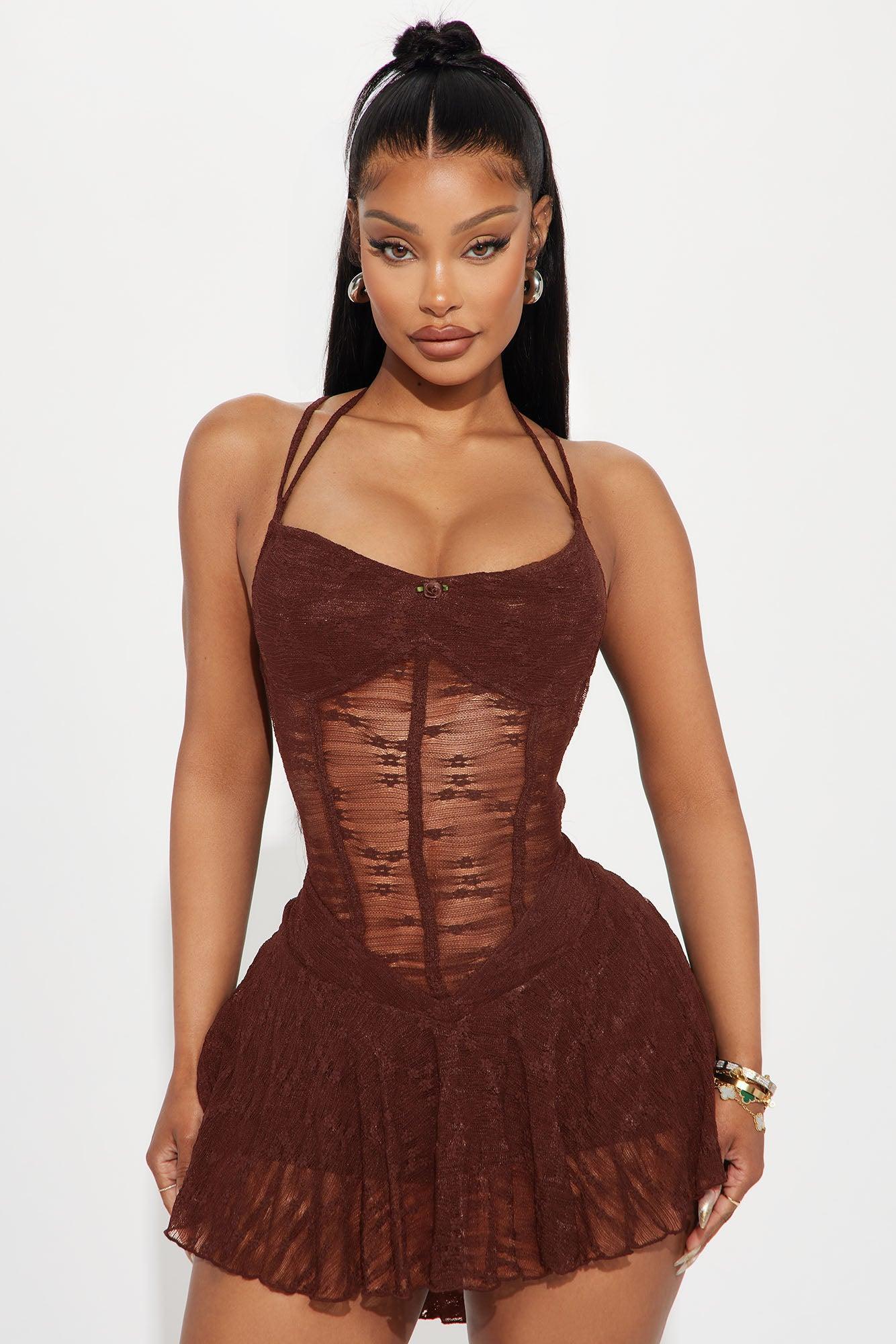 All Or Nothing Lace Micro Mini Dress - Chocolate Product Image