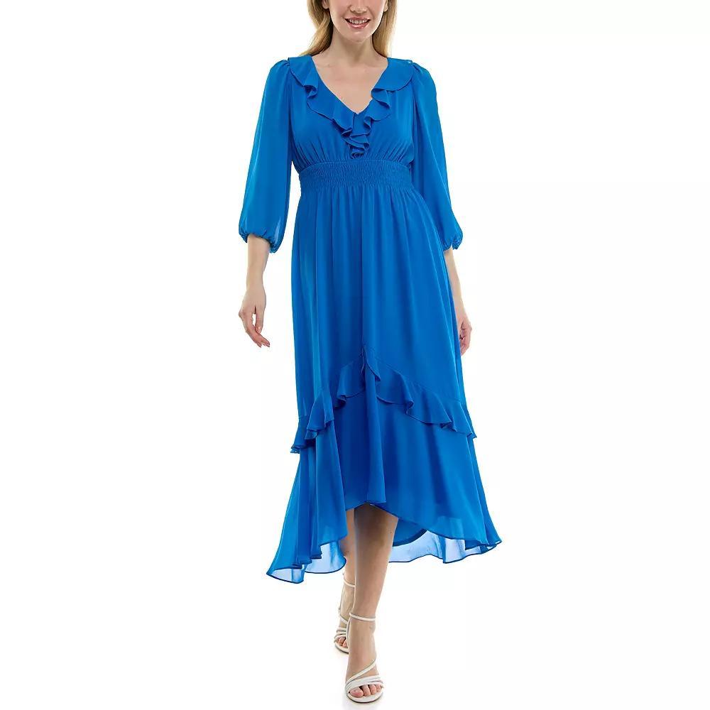 Women's Maison Tara Ruffle Neckline Smocked Waist Midi Dress, Size: 4, Blue Product Image