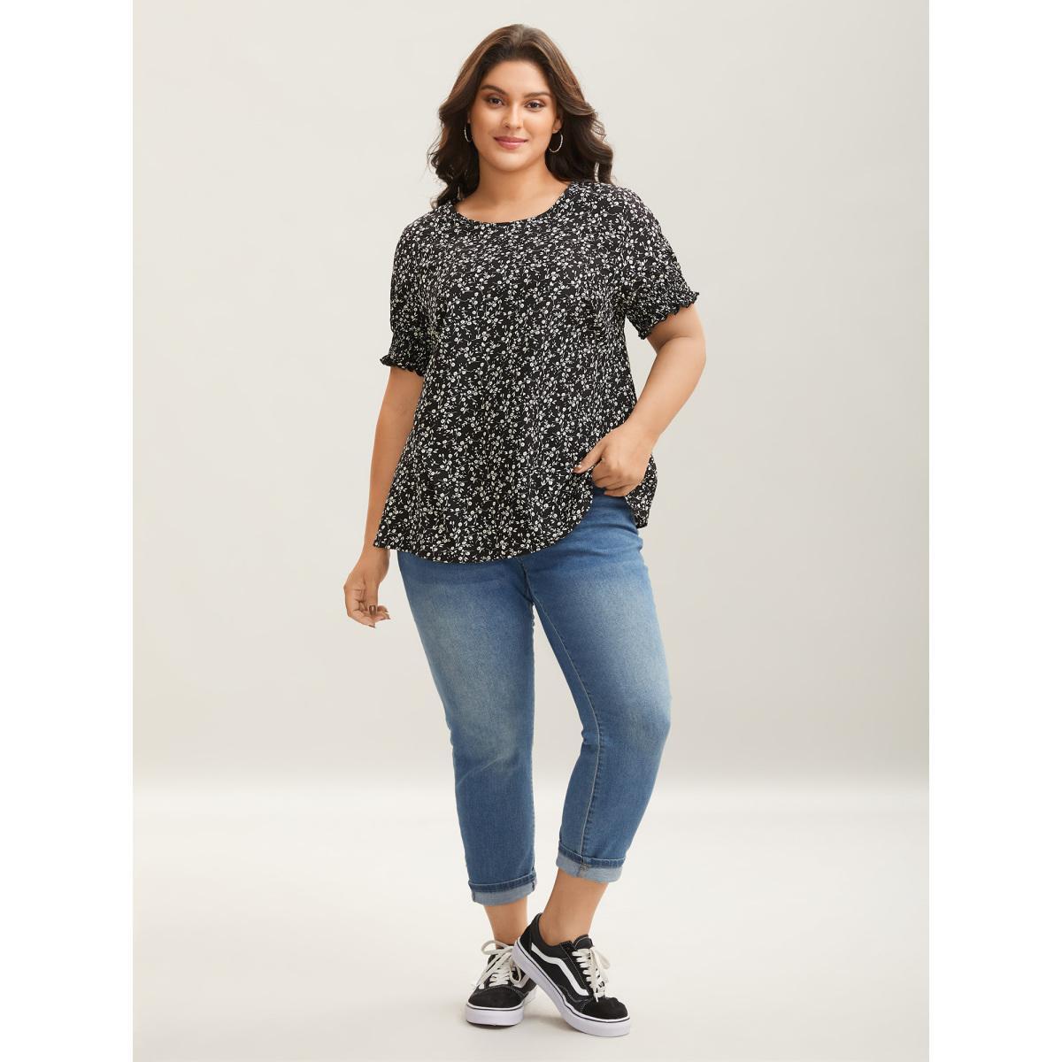 Plus Size Black Ditsy Floral Print Curvy Hem Blouse Women Elegant Elbow-length sleeve Round Neck Everyday Blouses BloomChic 12/L Product Image