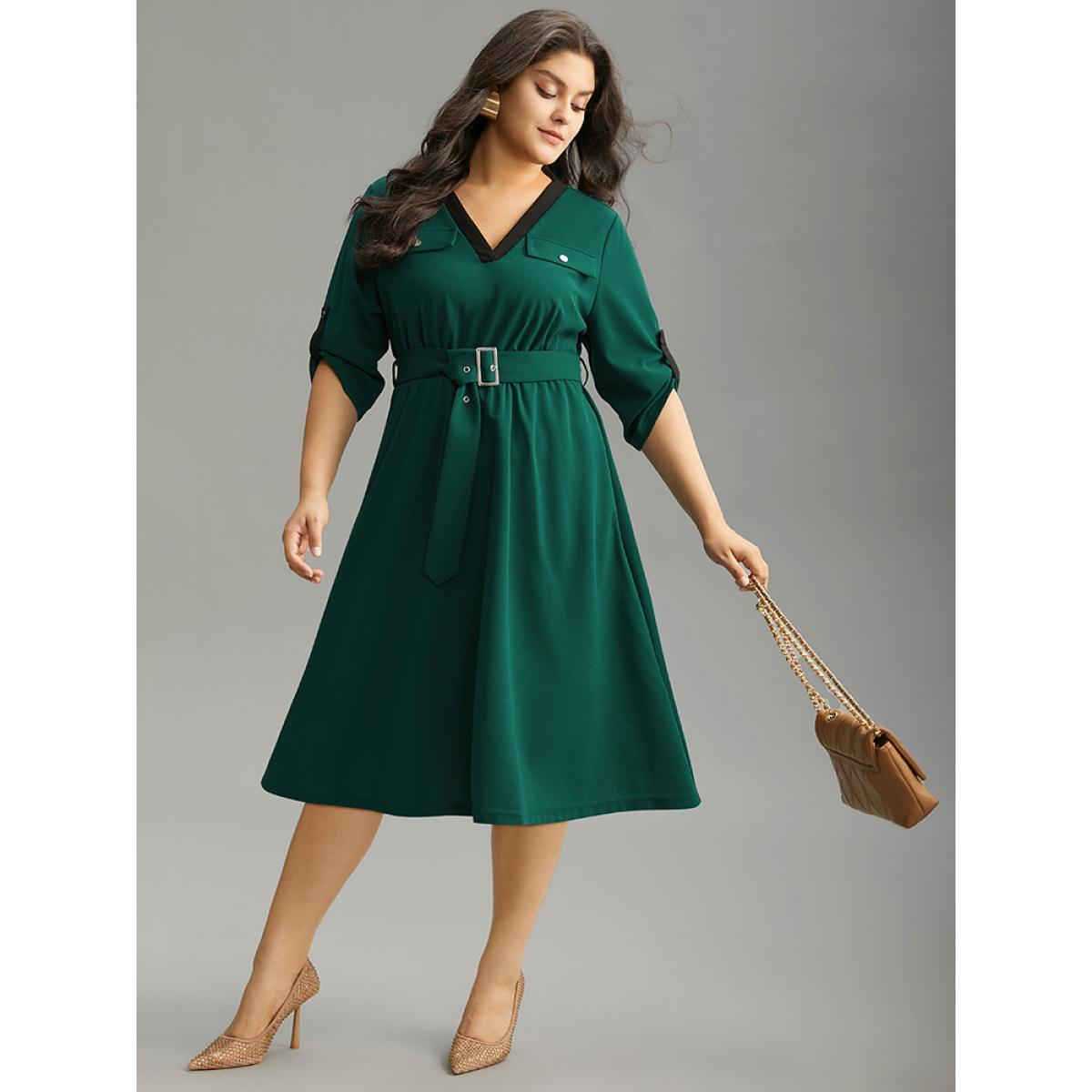 Plus Size Solid Contrast Trim Belted Flap Detail Dress Emerald Women Office Gathered V-neck Elbow-length sleeve Curvy Midi Dress BloomChic 18-20/2X Product Image
