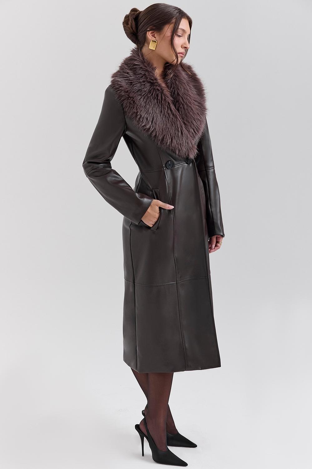 Marcel Brown Faux Fur Trimmed Vegan Leather Coat Product Image
