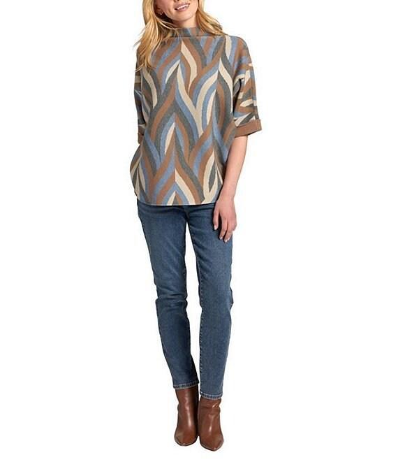 APNY Knit Printed High Neck 3/4 Sleeve Contrasting Cuff Sweater Product Image