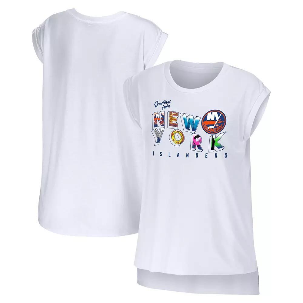 Women's WEAR by Erin Andrews White New York Islanders Greetings From Muscle T-Shirt, Size: XL, Isl White Product Image