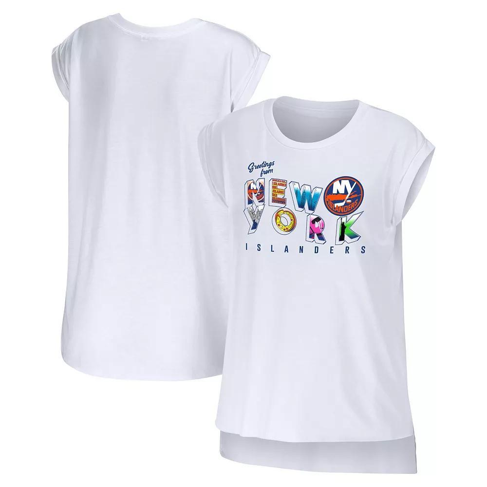 Women's WEAR by Erin Andrews White New York Islanders Greetings From Muscle T-Shirt, Size: XL, Isl White Product Image