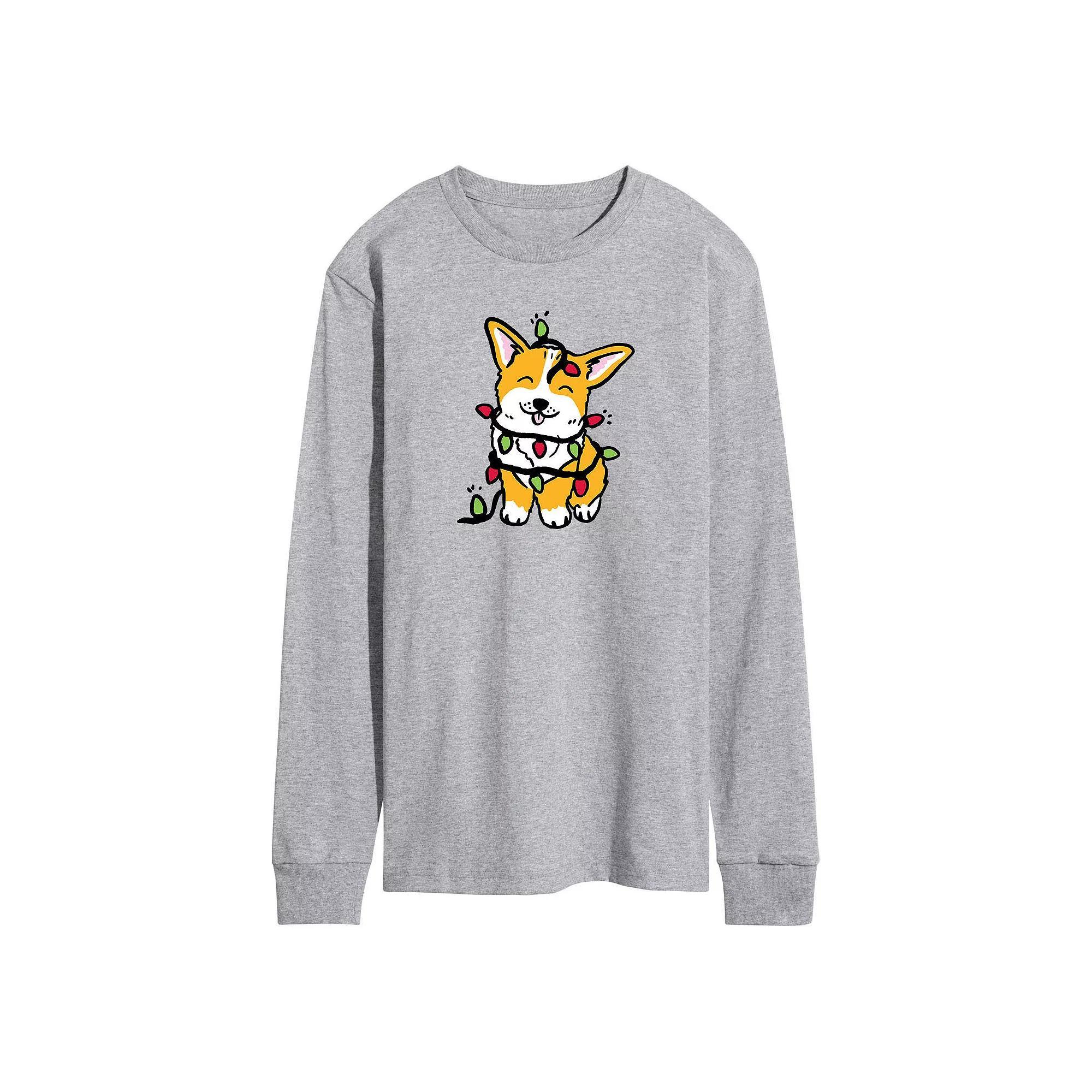 Men's Corgi Christmas Lights Long Sleeve Tee, Size: Small, Gray Product Image