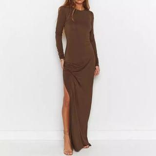 Long Sleeve Crew Neck Plain Slit Bodycon Maxi Dress Product Image