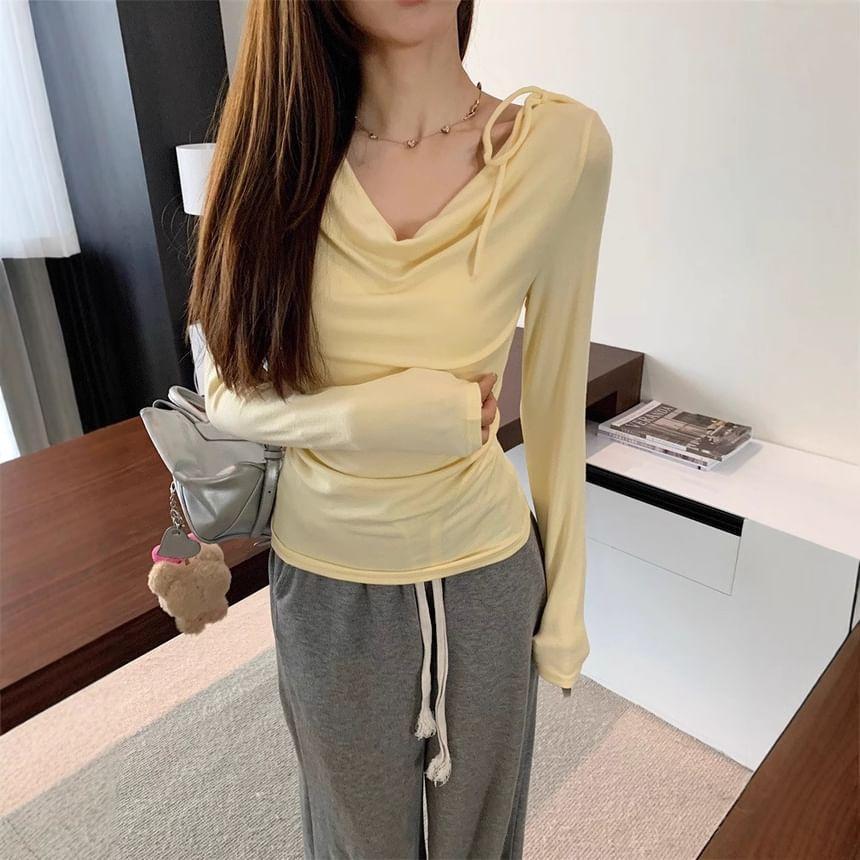 Long Sleeve Cowl Neck Bow Accent Plain Slim-Fit Top Product Image