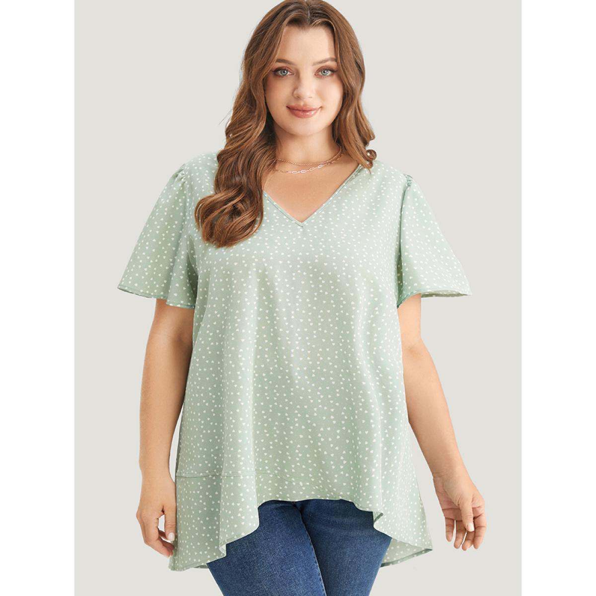 Plus Size Mint Heart Print Ruffle Sleeve Asymmetrical Hem Blouse Women Elegant Short sleeve V-neck Dailywear Blouses BloomChic 30/6X Product Image