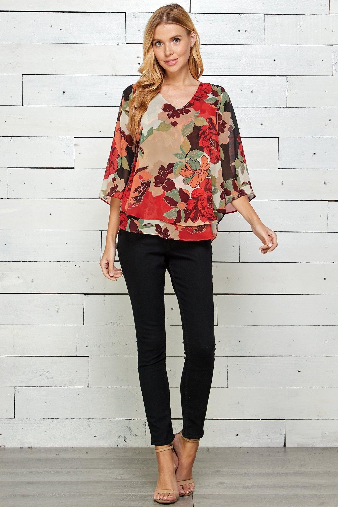 Red Floral 3/4 Sleeve Double Layer Split Back Blouse Product Image