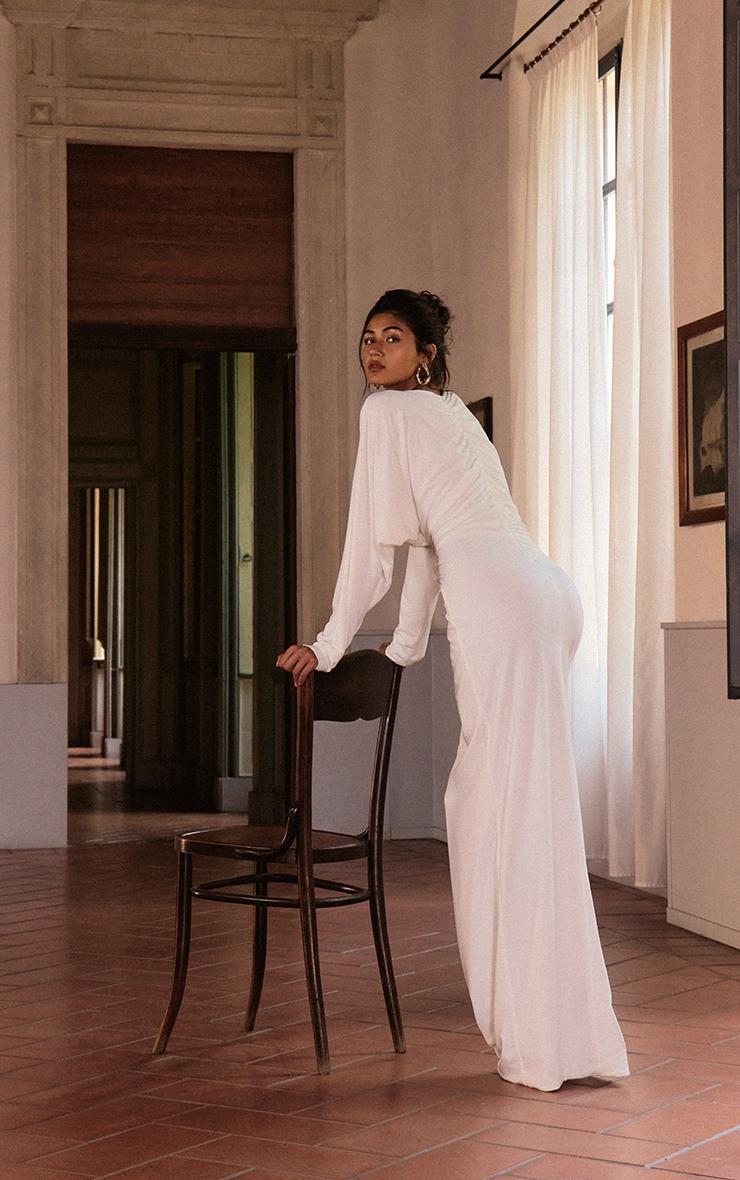 PLT Label White Slinky Ruched Plunge Batwing Maxi Dress Product Image