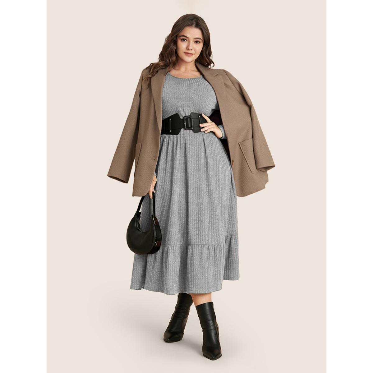 Plus Size Solid Pocket Rib Knit Ruffle Hem Dress Without Belt DarkGray Women Basics Non Round Neck Long Sleeve Curvy Midi Dress BloomChic 14-16/1X Product Image