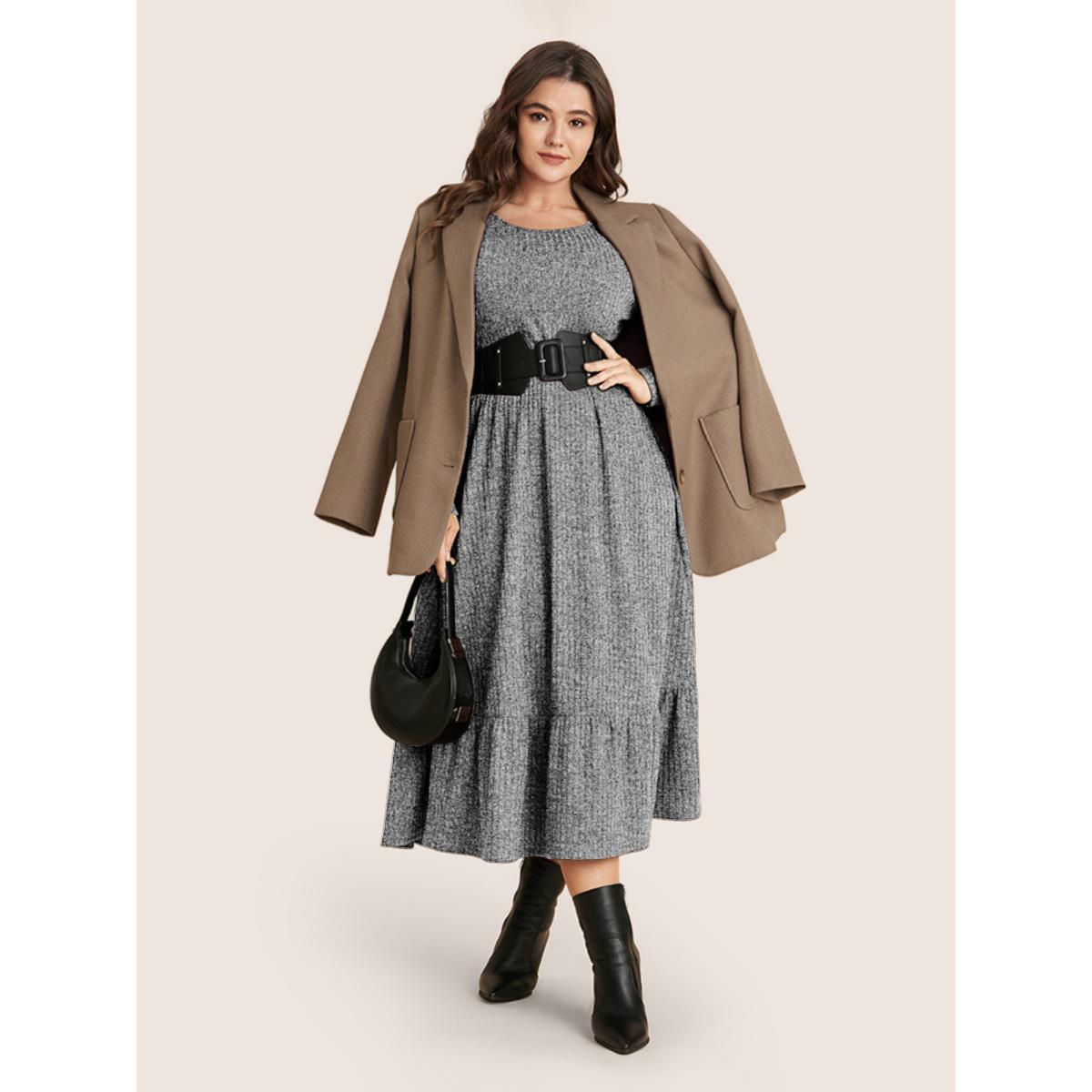 Plus Size Solid Pocket Rib Knit Ruffle Hem Dress Without Belt Mediumgray Women Basics Non Round Neck Long Sleeve Curvy Midi Dress BloomChic 26/4X Product Image