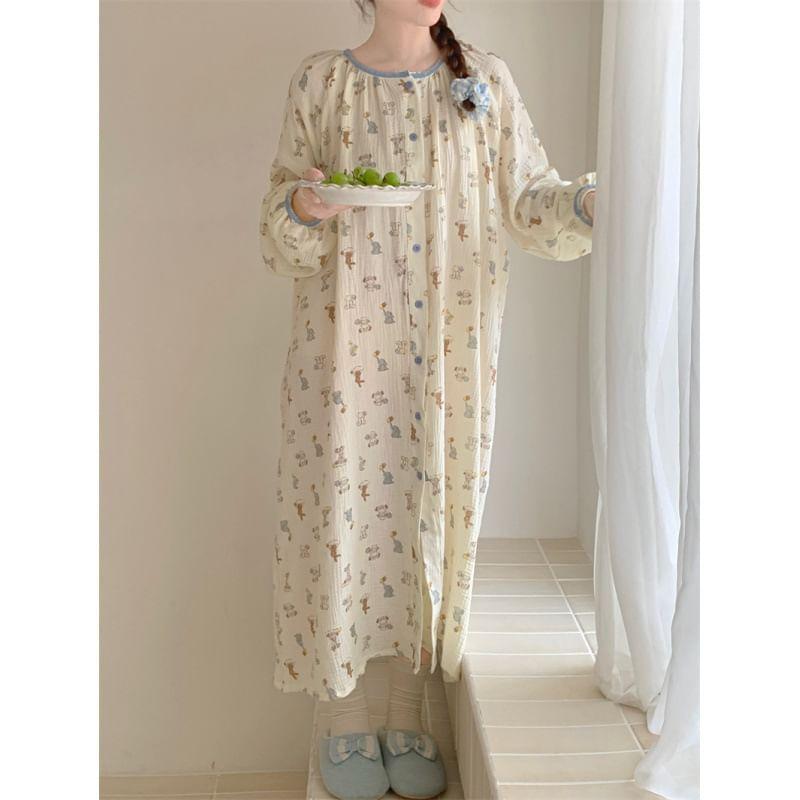 Couple Matching Long-Sleeve Cartoon Print Button-Up Midi Pajama Dress / Top / Pants / Set Product Image