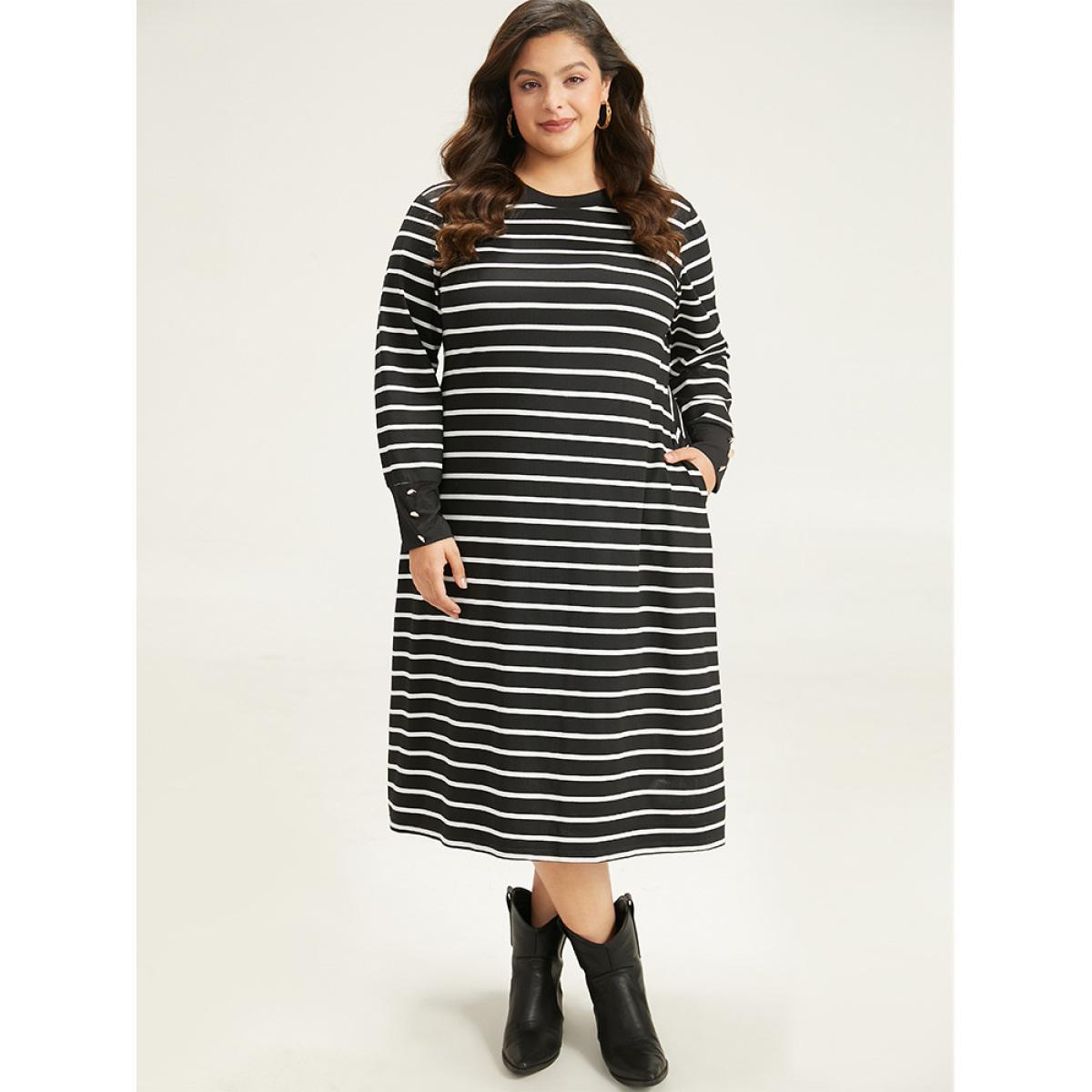 Plus Size Rib Knit Striped Button Detail Patchwork Dress Black Women Casual Printed Round Neck Long Sleeve Curvy Midi Dress BloomChic 18-20/2X Product Image