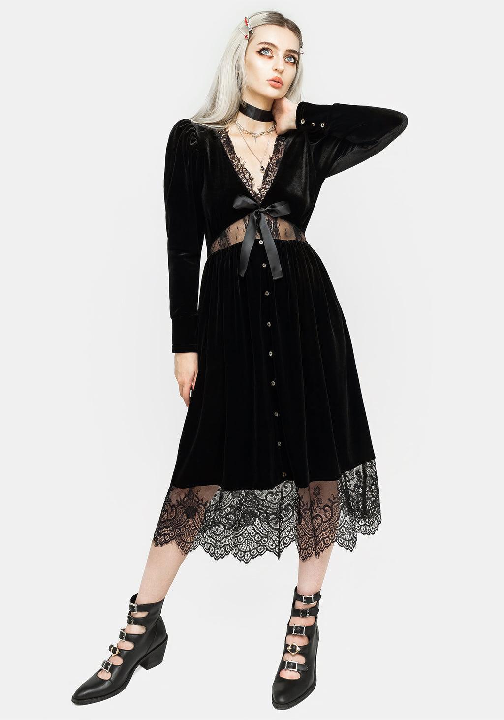 Mausoleum Velour Mutton Sleeve Midi Dress Product Image