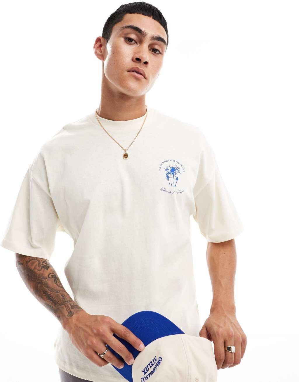 Selected Homme oversized t-shirt with lemon vacation print in cream Product Image