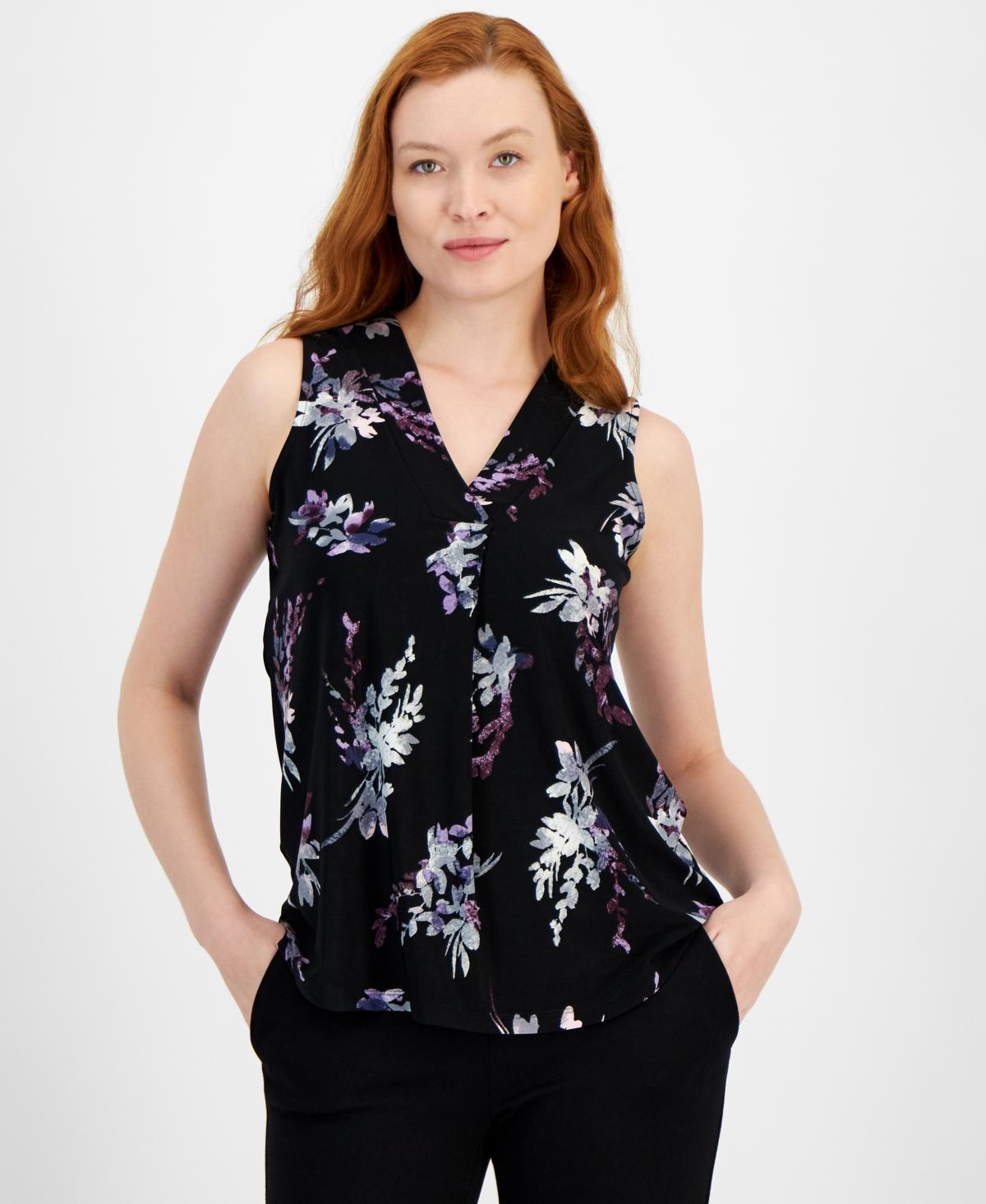 Anne Klein Womens Printed Sleeveless V-Neck Shell Top - Anne Black Product Image