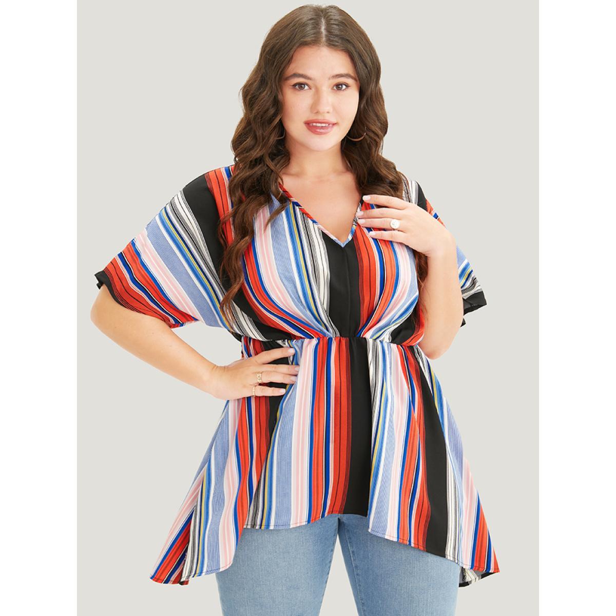 Plus Size Stone Striped Contrast Dolman Sleeve Asymmetrical Hem Blouse Women Vacation Short sleeve V-neck Dailywear Blouses BloomChic 30/6X Product Image