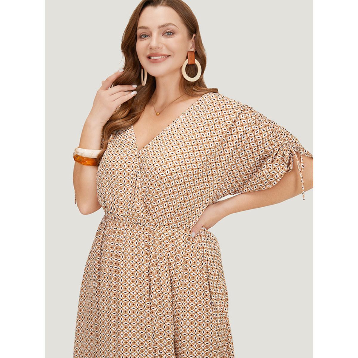 Plus Size Bandana Print Ruffles Pocket Wrap Drawstring Sleeve Dress LightBrown Women Vacation Wrap V-neck Short sleeve Curvy Midi Dress BloomChic 22-24/3X Product Image