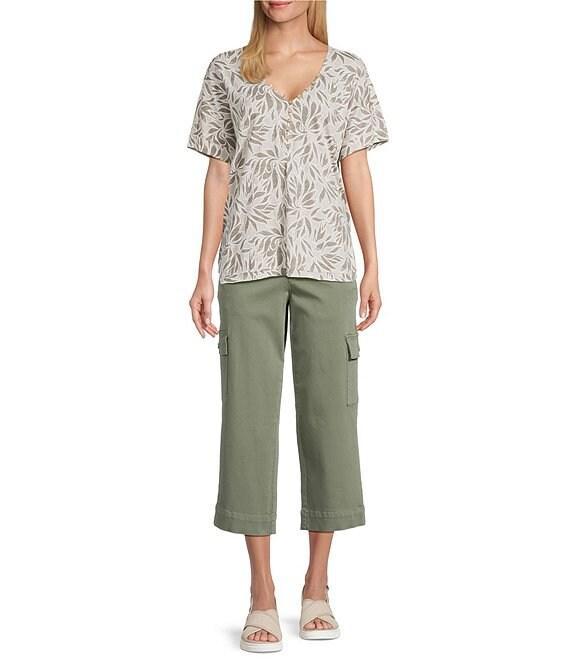Intro Cotton Slub Jersey Abstract Leaf Print V-Neck Short Sleeve Tee Top Product Image