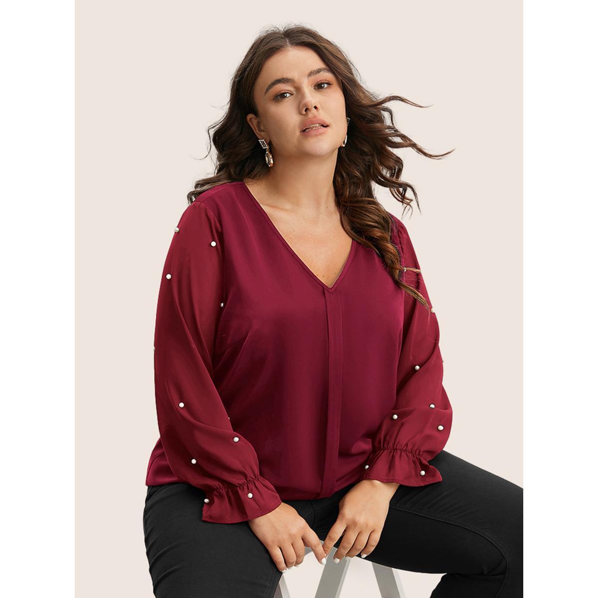 Plus Size Scarlet Pearl Beaded Mesh Patchwork Ruffles Blouse Women Cocktail Long Sleeve V-neck Party Blouses BloomChic 28/5X Product Image