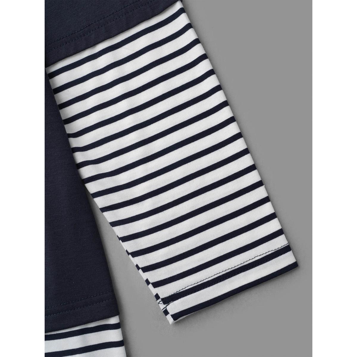 Plus Size Boat Neck Striped Patchwork T-Shirt Indigo Women Casual Contrast Boat Neck Everyday T-shirts BloomChic 26/4X Product Image
