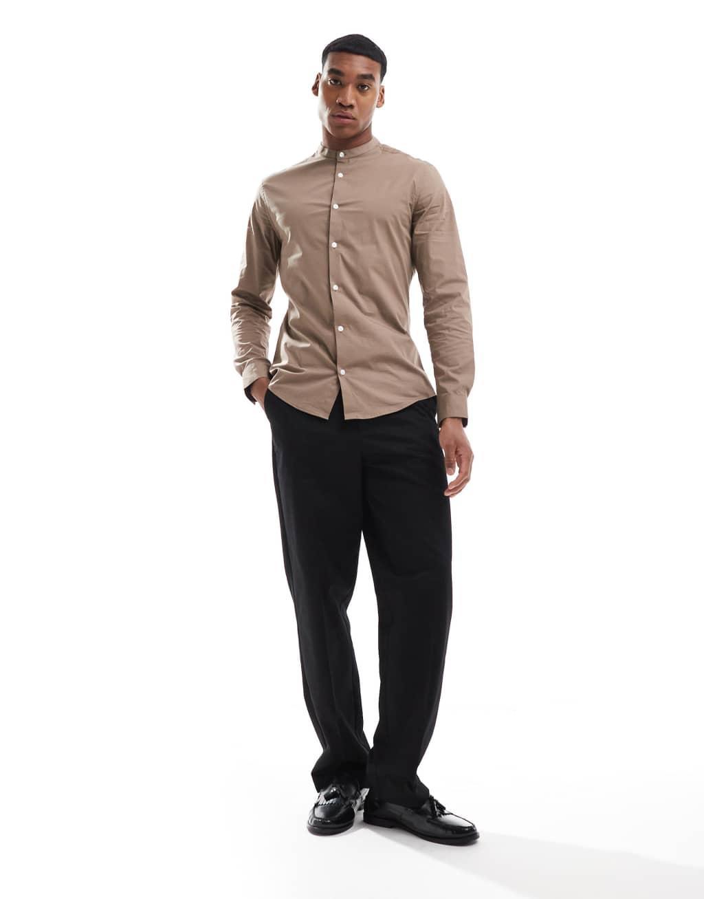 ASOS DESIGN skinny poplin shirt with grandad collar in brown Product Image