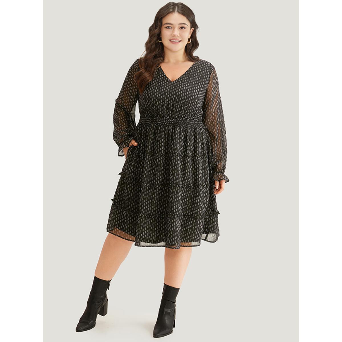 Plus Size Geometric Shirred Mesh Frill Trim Dress BlackFlower Women At the Office See through V-neck Long Sleeve Curvy Midi Dress BloomChic 22-24/3X Product Image