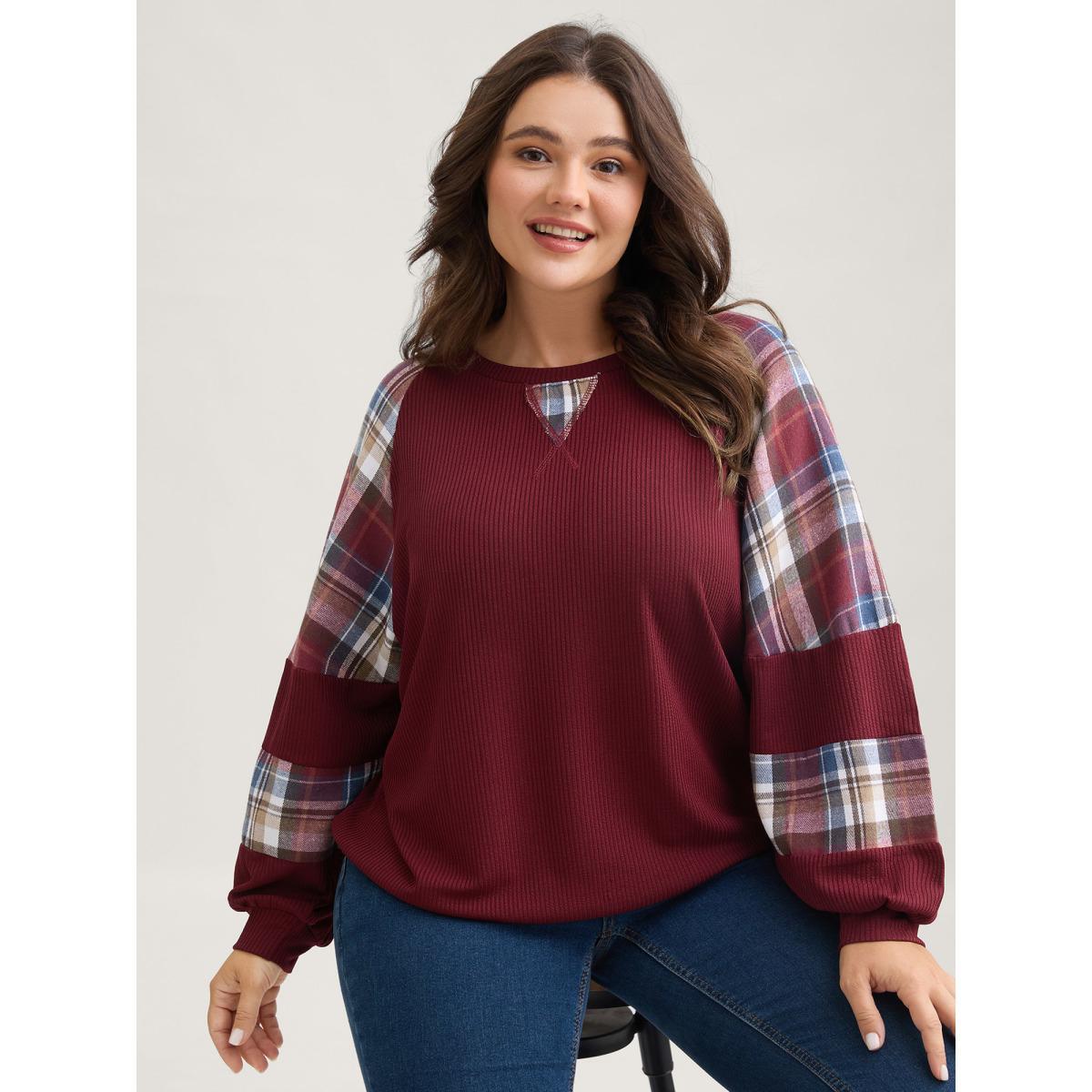 Plus Size Plaid Patchwork Raglan Sleeve Sweatshirt Women Burgundy Casual Texture Round Neck Everyday Sweatshirts BloomChic 30/6X Product Image