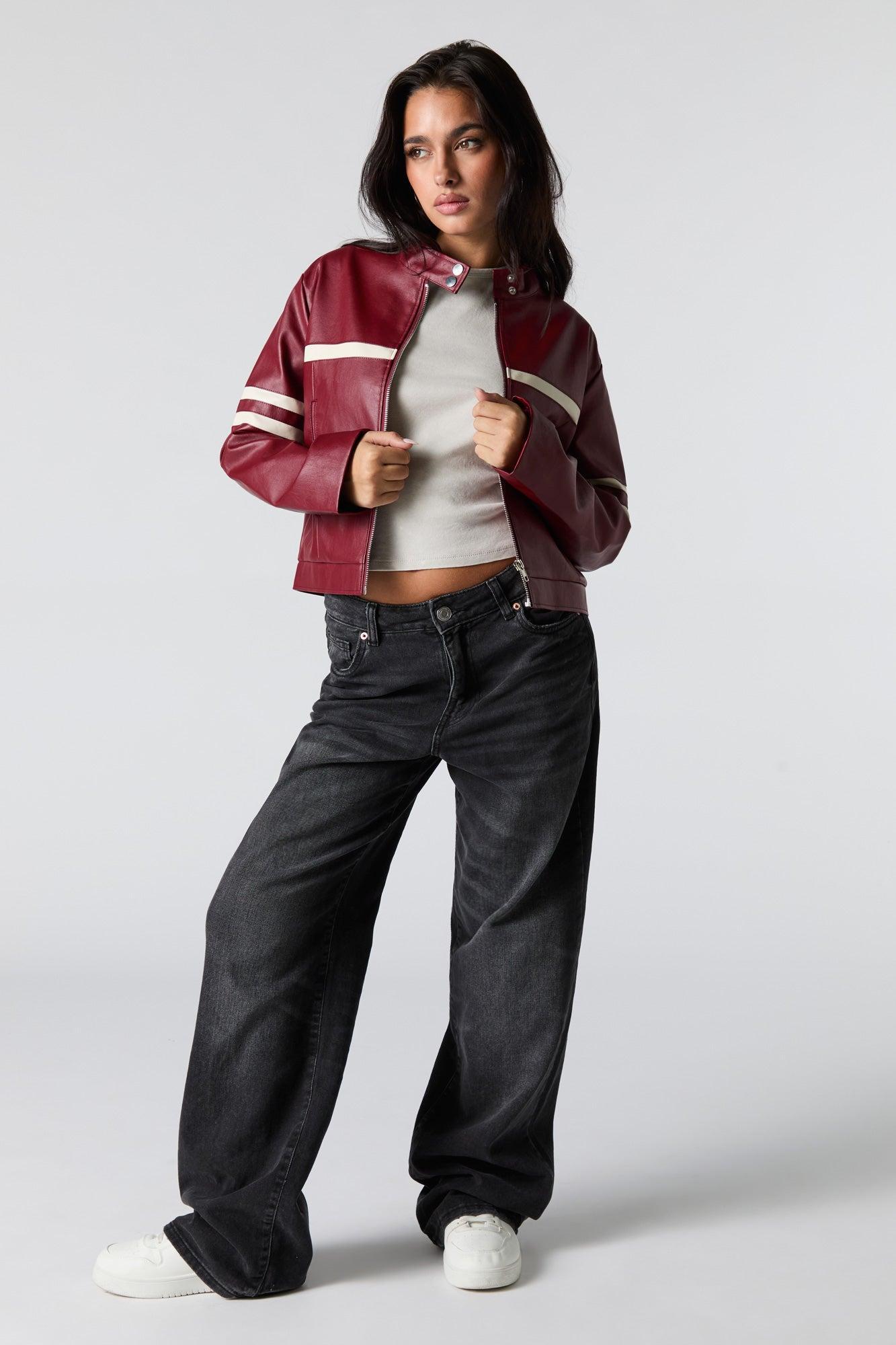 Faux Leather Contrast Striped Moto Jacket Female Product Image