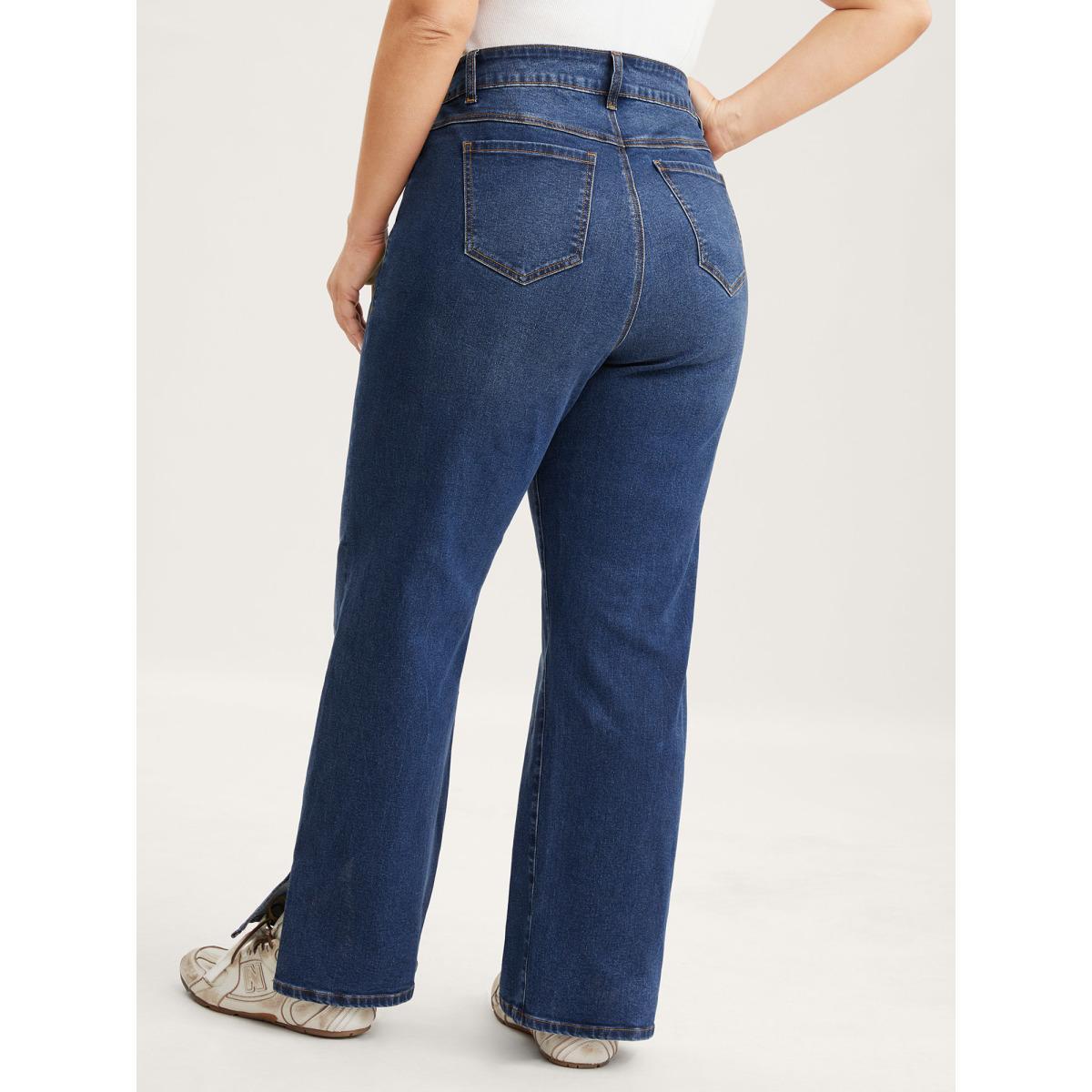 Plus Size Vintage Split Hem Straight-Leg Jeans Women Denimblue High stretch Slanted pocket Jeans BloomChic 20/2X Product Image
