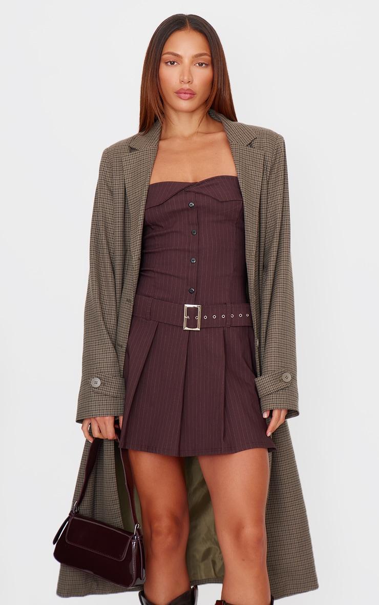 Chocolate Pinstripe Tailored Bandeau Belt Pleated Shift Dress Product Image